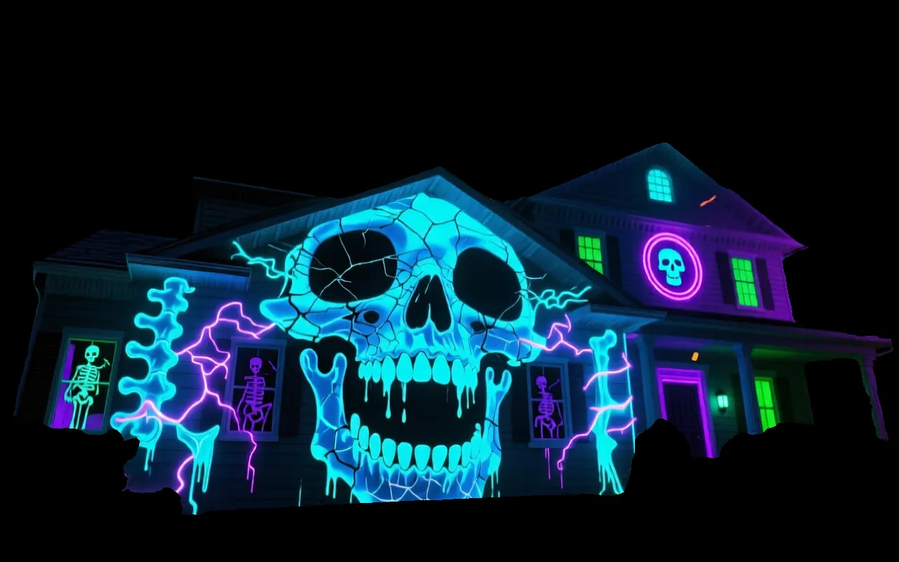 Electric Skull Facade — AI projection-mapping facade art generated in FacadeLab