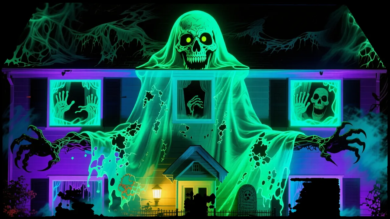 Sheet-Ghoul Manor — AI projection-mapping facade art generated in FacadeLab