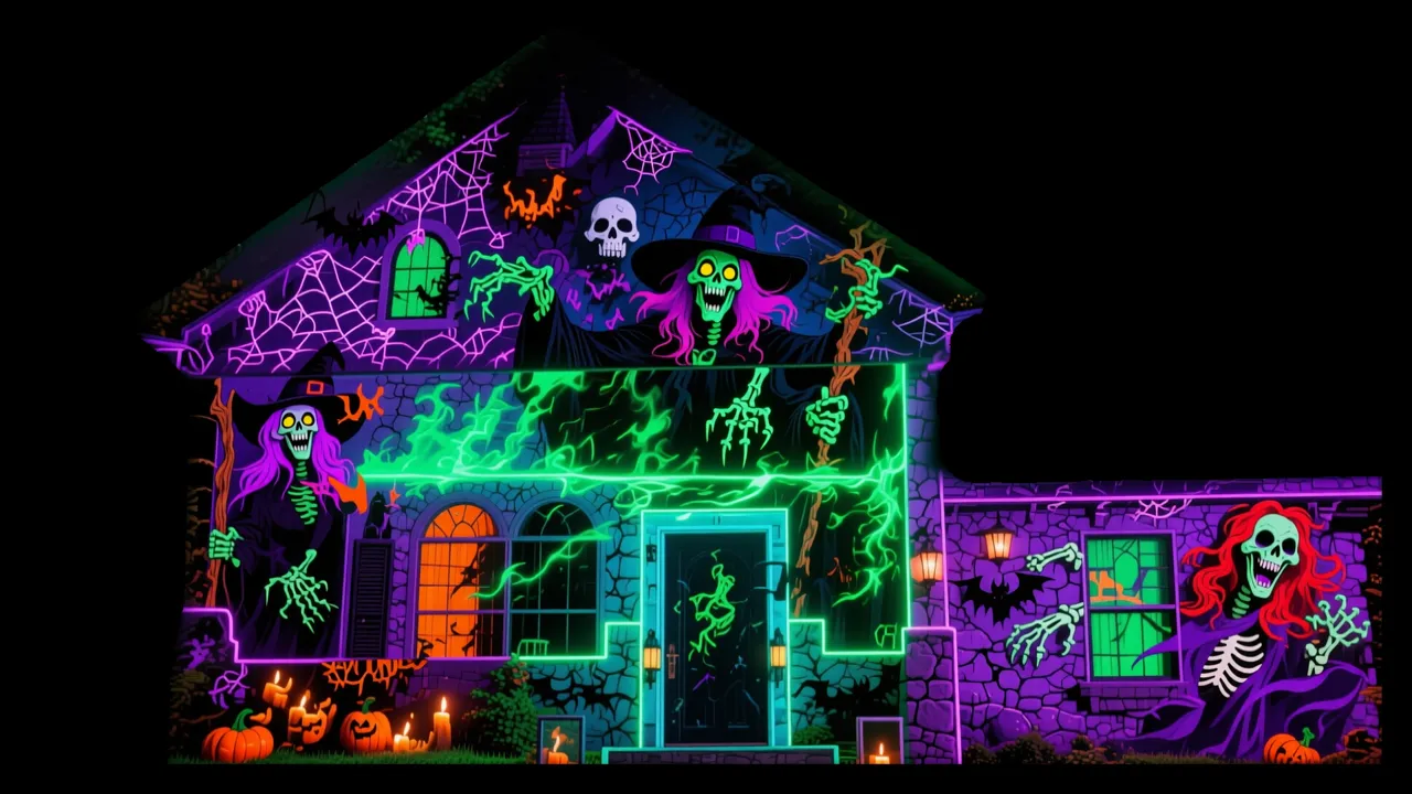 Blacklight Witch Coven — AI projection-mapping facade art generated in FacadeLab